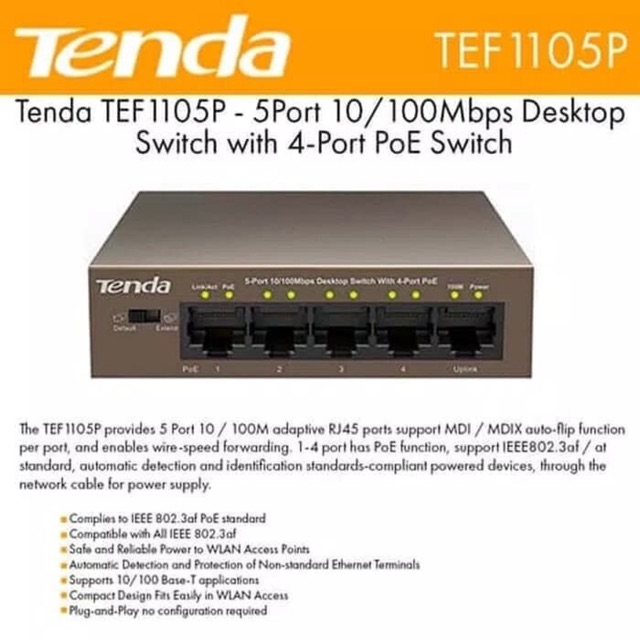 TENDA TEF1105P 5-Port 10/100mbps Desktop Switch With 4-Port Poe