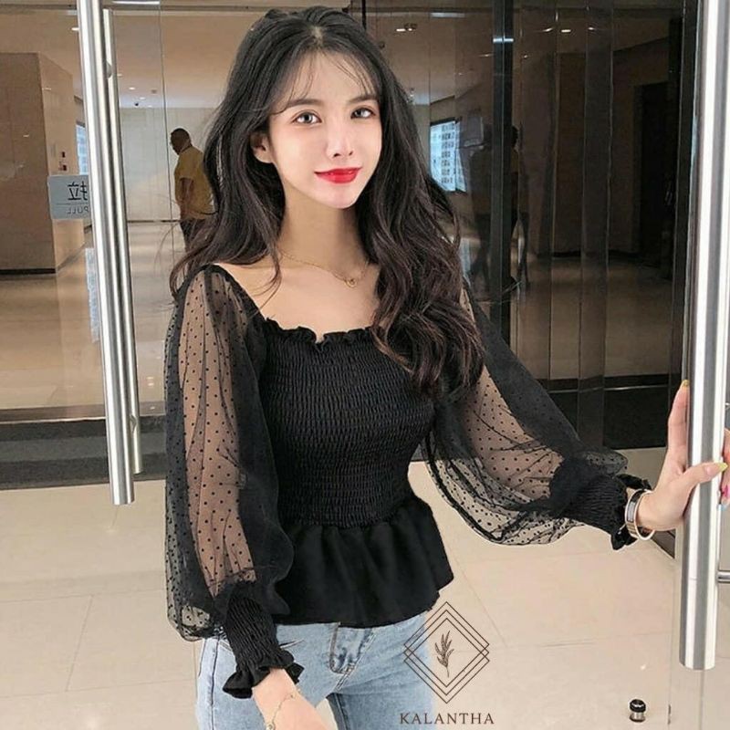 Zayla Top - blouse import gaya korea model lengan balon tile dot - baju atasan wanita terbaru