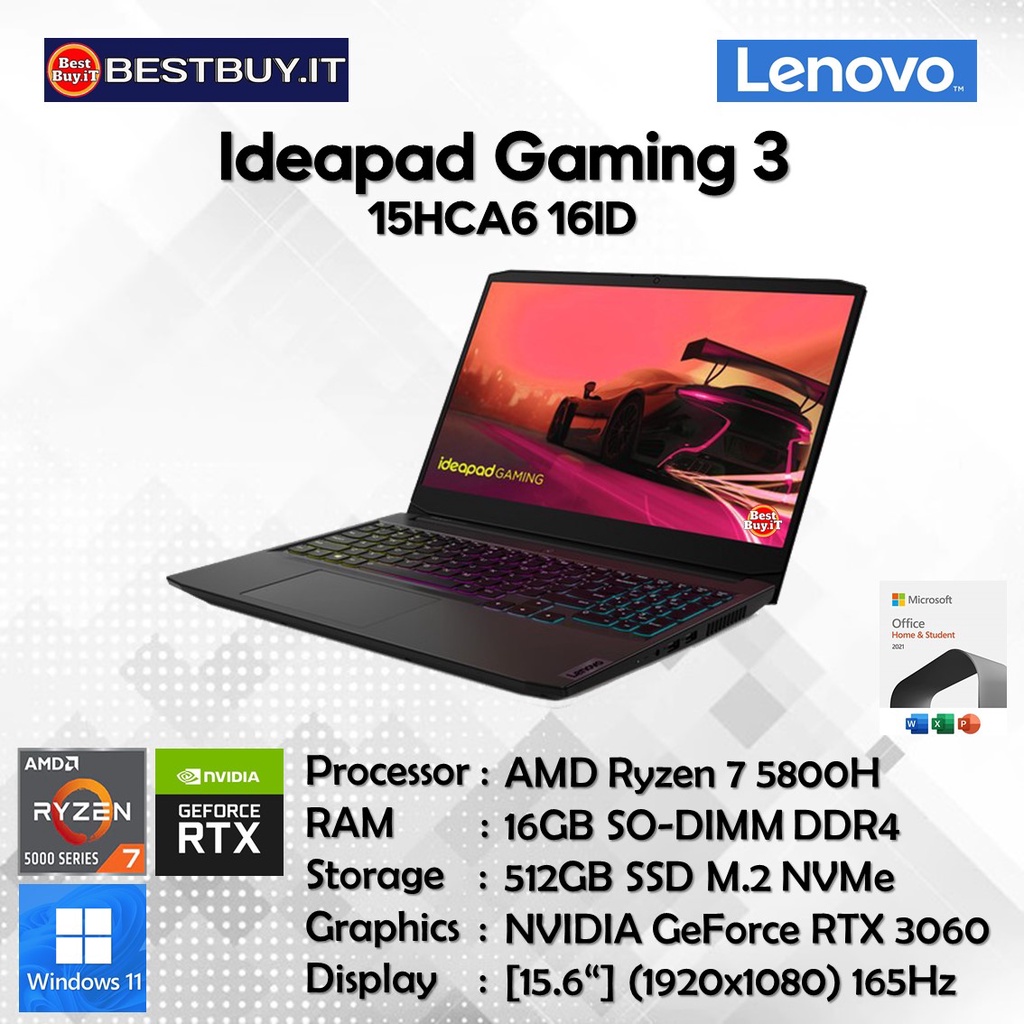 Lenovo IdeaPad Gaming 3 15ACH6 16ID R7-5800H 16G 512GB RTX3060 W11 OHS