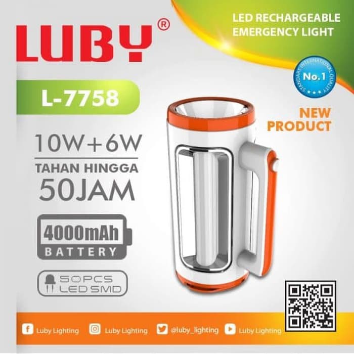 Luby Lampu Emergency / Senter LED Super Terang 2 in 1 3 Sisi 50 SMD LED + 1 LED L-7758 Rechargeable