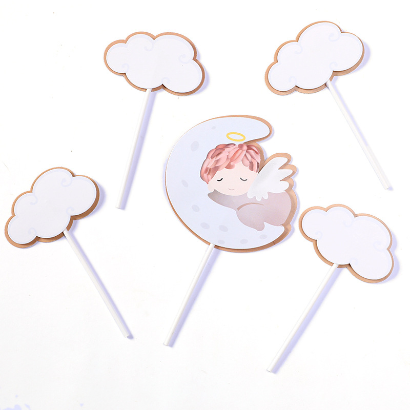 5pcs Topper Kue Desain Angel Moon Baby Dengan Bendera Untuk Dekorasi Pesta Ulang Tahun