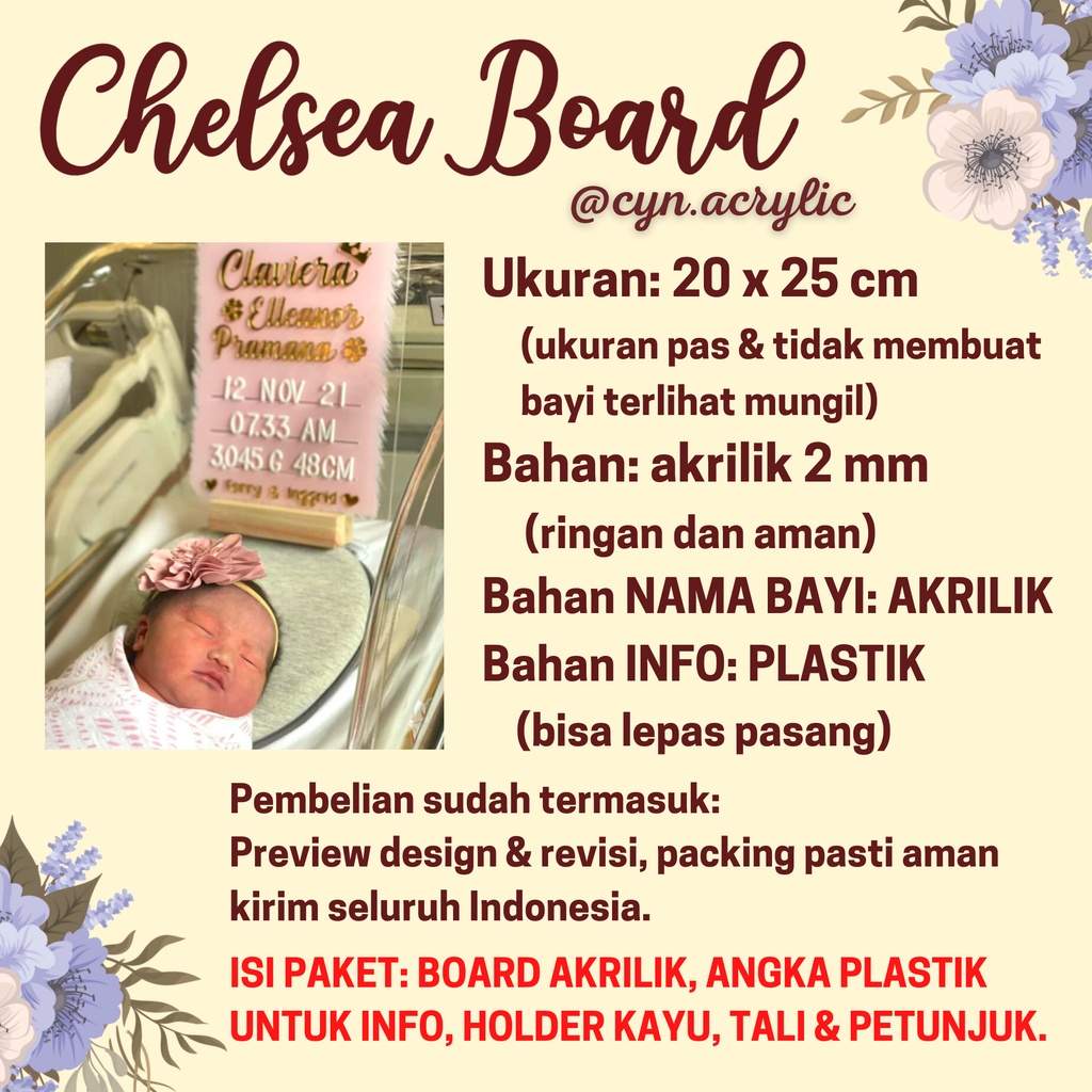 CHELSEA Hospital Board Akrilik Acrylic Announcement Biodata Baby Bayi Newborn Kado Mewah Bagus