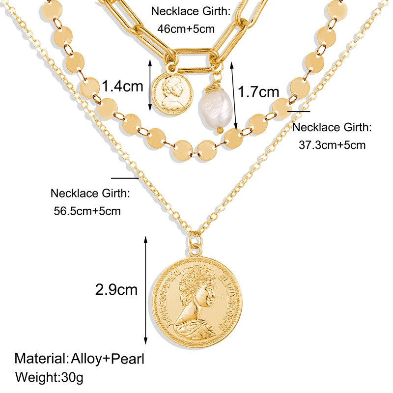 Multilayer Gold Necklace Pearl Portrait Pendant Clavicle Chain Three Layer Choker Jewelry Accessories