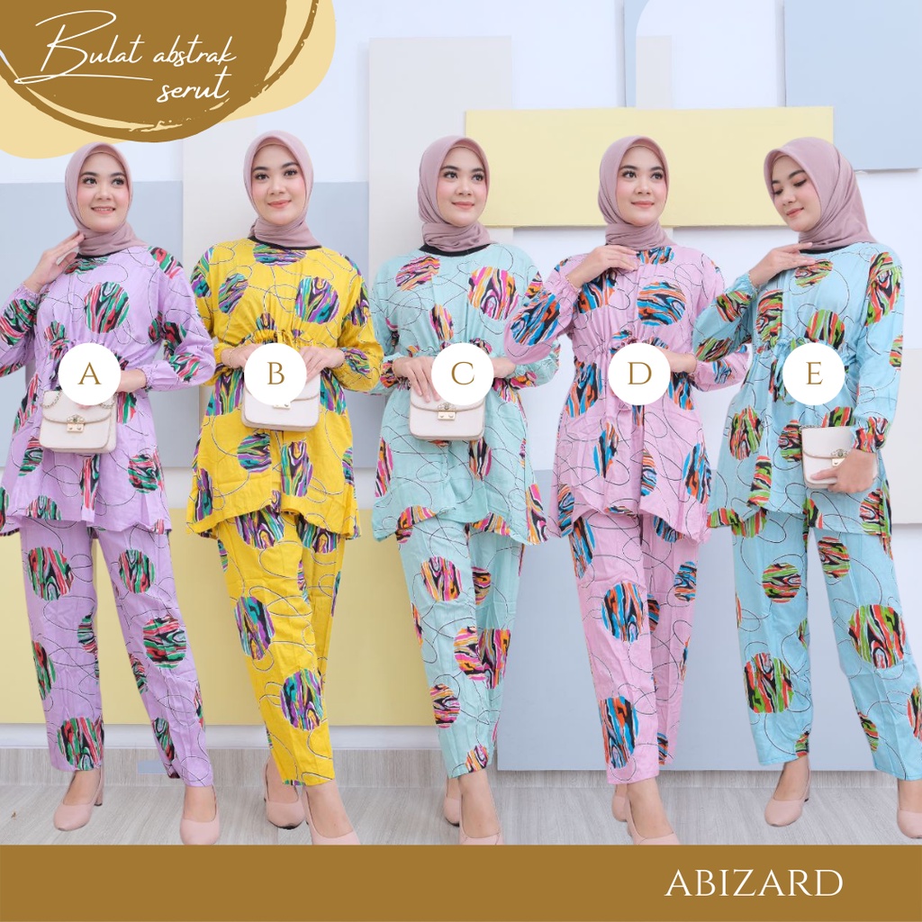 SETELAN CELANA/ SETELAN DASTER KEMEJA/ BABYDOL SETELAN CELANA/ ONE SET MOTIF KEKINIAN/SETELAN WANITA-Serut Bulat Abstrak