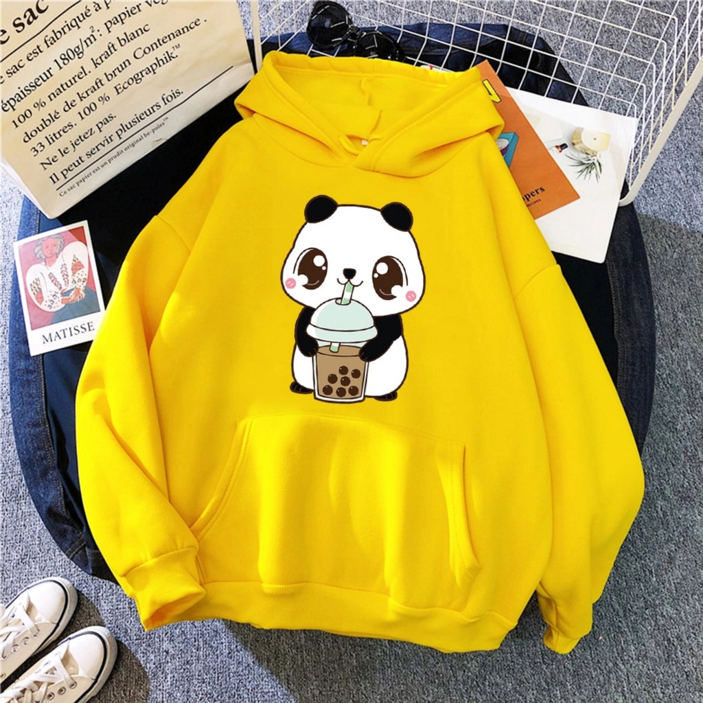 Hoodie Sweater Wanita Anime Kartun Panda Jaket Cewek Kekinian Oversize Murah Tebal Import Bisa Cod-Kuning