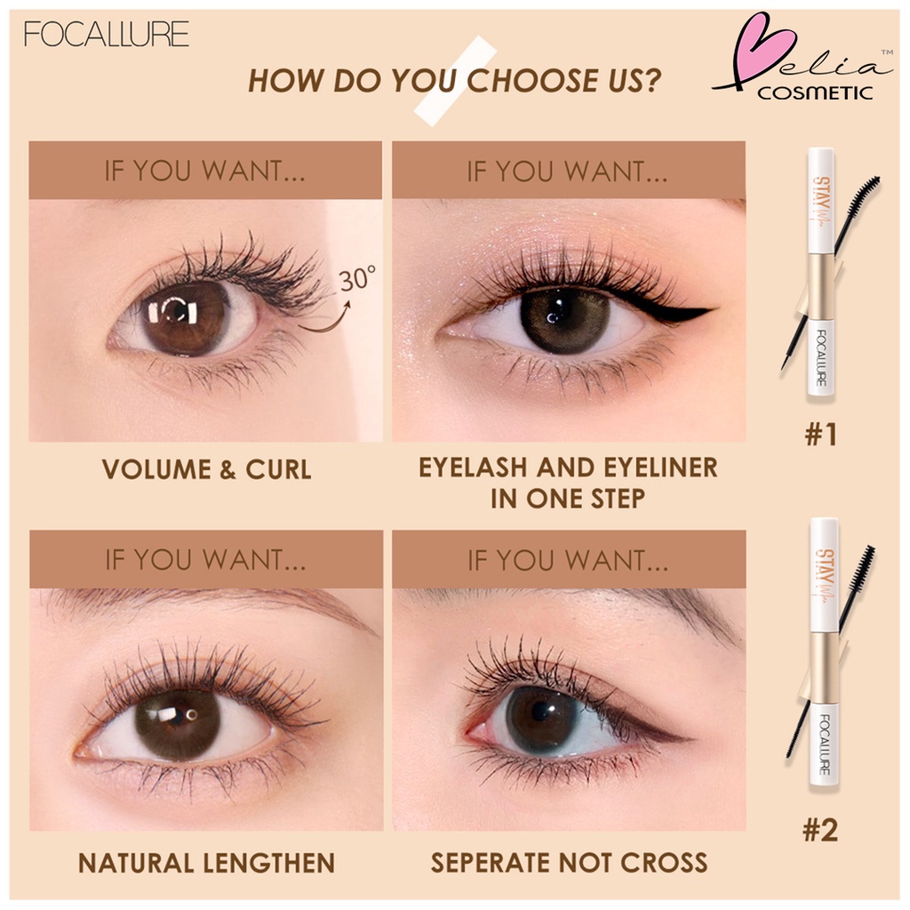 ❤ BELIA ❤ FOCALLURE Stay Waterproof Mascara &amp; Eyeliner 2in1 FA160 #1 | Maskara Eyeliner | Waterproof | fiber eyelash primer | BPOM