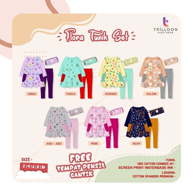 FLORA TUNIK SET BY TRILLOON KIDS / Setelan anak tunik trilloon FREE dompet cantik