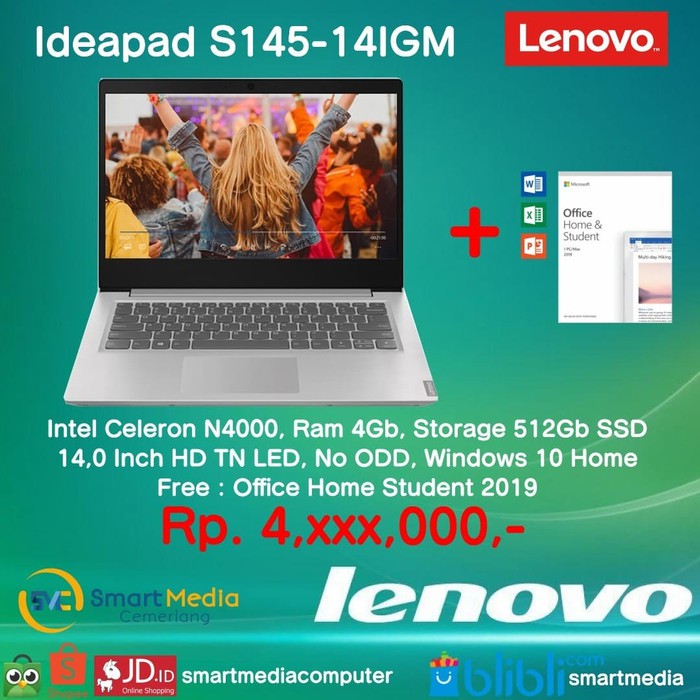 Laptop LENOVO IDEAPAD S145-14IGM-4RID N4000| 4GB| 512GB SSD| 14"| WIN10 + OHS