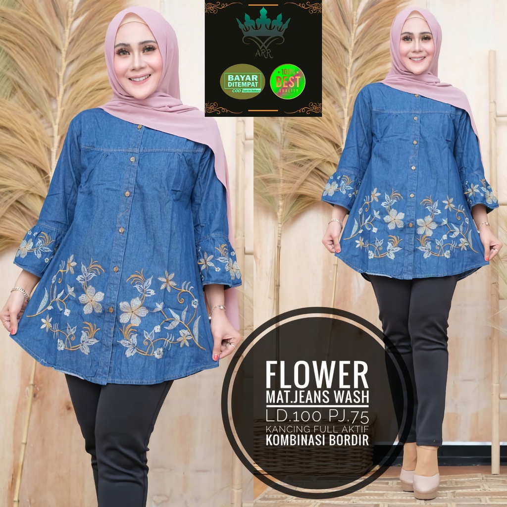 Baju Atasan Tunik Jeans Denim Wanita Terbaru 2021 Busui Kekinian Bordir Halus Bunga Premium Ld 100 P 75 Flower Dress Allsize