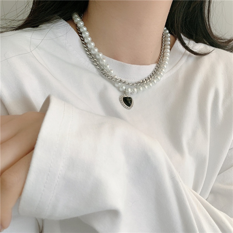 Kalung Rantai Dengan Liontin Mutiara Hitam Bentuk Hati Model Lapis Ganda Untuk Aksesoris