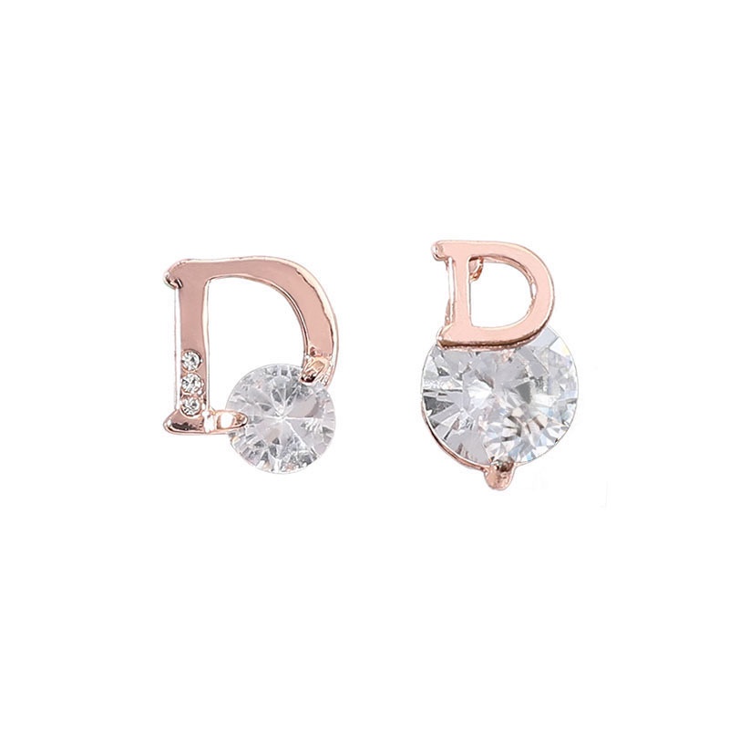 Anting Stud 925 Silver Needle Bentuk Huruf D Asimetris Warna Emas Untuk Wanita