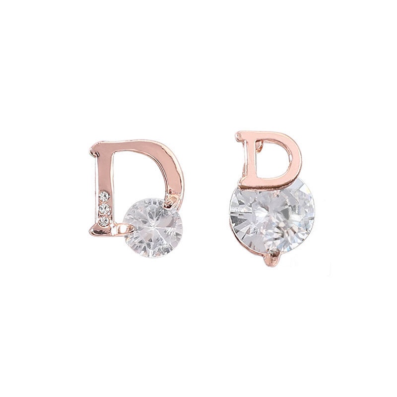 Anting Stud 925 Silver Needle Bentuk Huruf D Asimetris Warna Emas Untuk Wanita