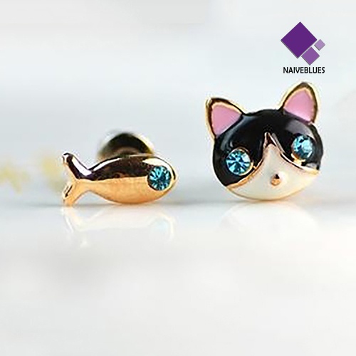 1 Pasang Anting Stud Desain Kucing Aksen Berlian Imitasi Gaya Korea Untuk Wanita