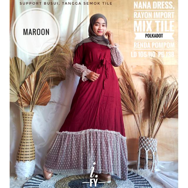 DRESS GAMIS BAJU MUSLIM WANITA SIMPLE POLOS KATUN RAYON IMPORT PREMIUM BUSUI TILE POLKADOT HARIAN