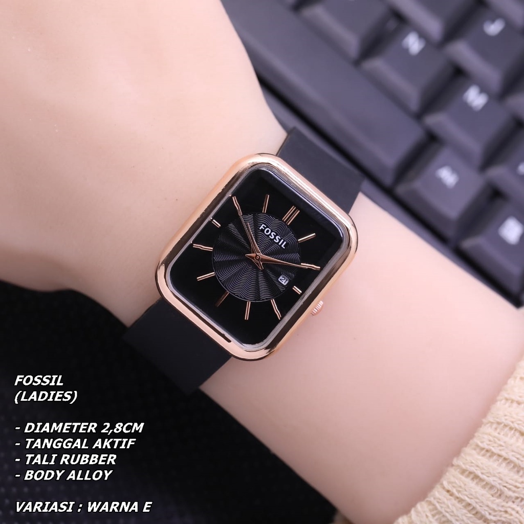 JAM TANGAN WANITA F-018 FASHION TALI RUBBER/KARET SEGI TANGGAL AKTIF