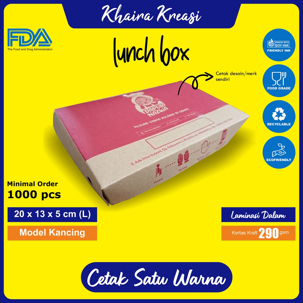 

Cetak Custom Lunch Box / Dus Mie Goreng / Dus Ayam Geprek / Ukuran 20x13x5 cm (L) Minimal 1000 Pcs / Cetak 1 Warna