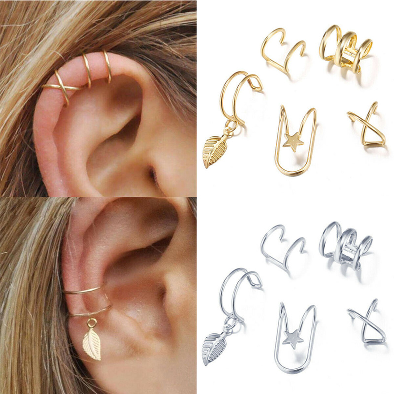 [ Ready Stock ] 5pcs/set Ear Cuffs Gold Leaf Non-piercing Ear Clip / Fake Cartilage Earrings/ Punk Rock Ear Earrings  No Piercing-Clip /  Gold Leaf Ear Cuff Clip