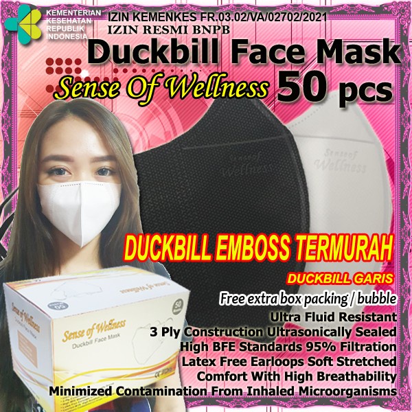 Masker Duckbill 3 Ply 50 Pcs EMBOSS Sense Of Wellness Disposable Duck Bill 3ply Bedah Medis Earloop 