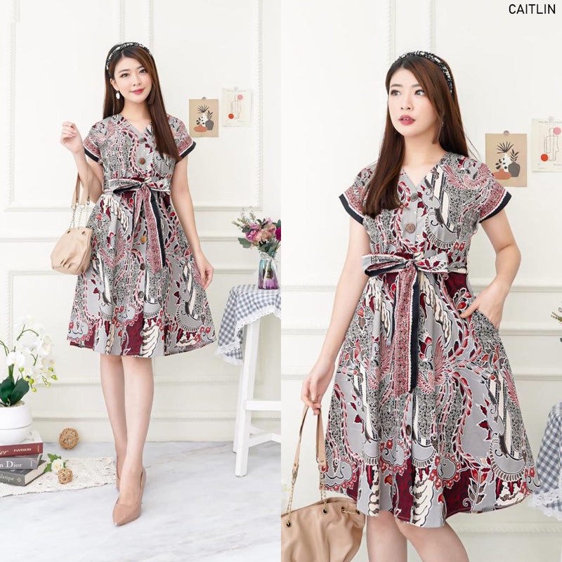 Caitlin Dress Batik Wanita Dress Wanita Jumbo Batik Couple Dress Pita A-Line Seragam Family Set Gaun