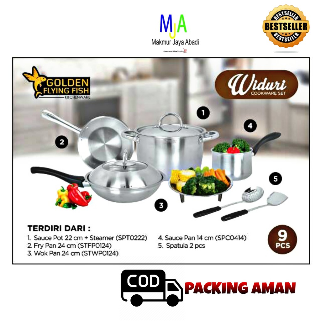 (BISA COD) PROMO Panci Set Golden Flying Fish Cookware Set Widuri 9pcs STAINLESS STEEL Premium