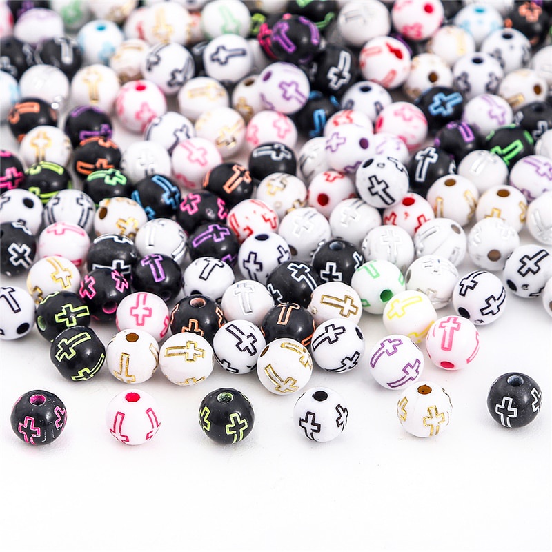 100Pcs/Lot 8mm Plastic Acrylic Round Carved Cross Beads Color Pattern Round Ball Beads for Bracelet Necklace DIY Jewelry Making