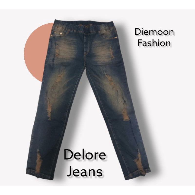 Delore jeans ripped bahan melar pinggang karet deep brown [RSL]