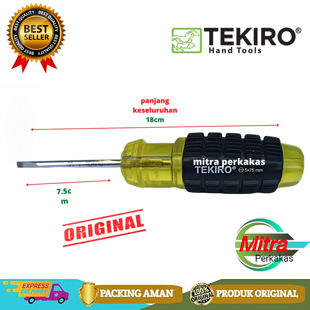 Obeng Minus TEKIRO 5x75mm Gagang karet Kuning MINUS