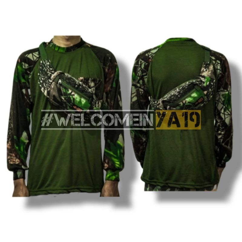 Paket Baju Reglan dan Tas Pinggang Loreng Camo Perbakin / Baju Hunting Camo + Waistbag Camo / Baju Outdoor Camo / Waist Bag Camo Perbakin