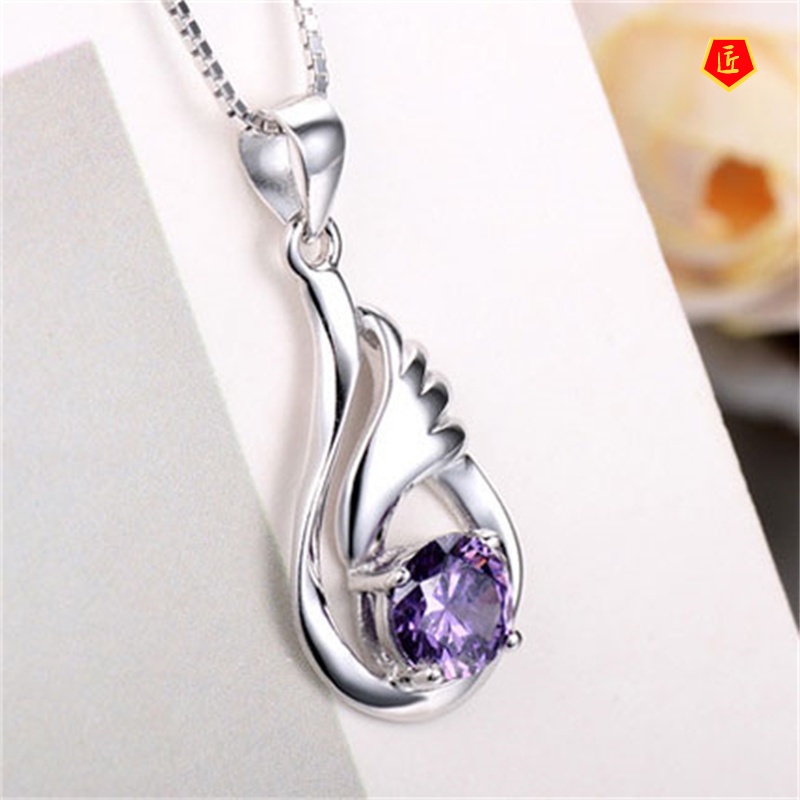 [Ready Stock]Sweet Temperament Korean Style Angel Wings Silver Necklace Female Purple Crystal Pendant