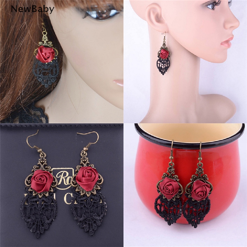 Newbaby 1pc Anting Gantung Panjang Kait Gaya Gothic Victoria Retro Vintage Aksen Lace Untuk Wanita