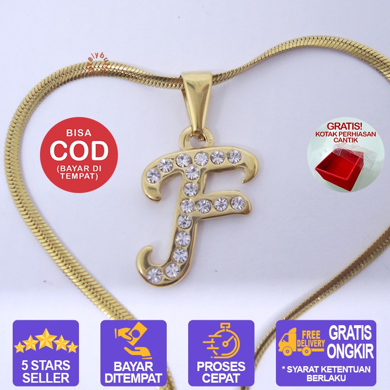 Lovelybutik Honey Kalung Huruf Titanium Anti Karat Inisial F Uk 45 cm BONUS KOTAK PERHIASAN