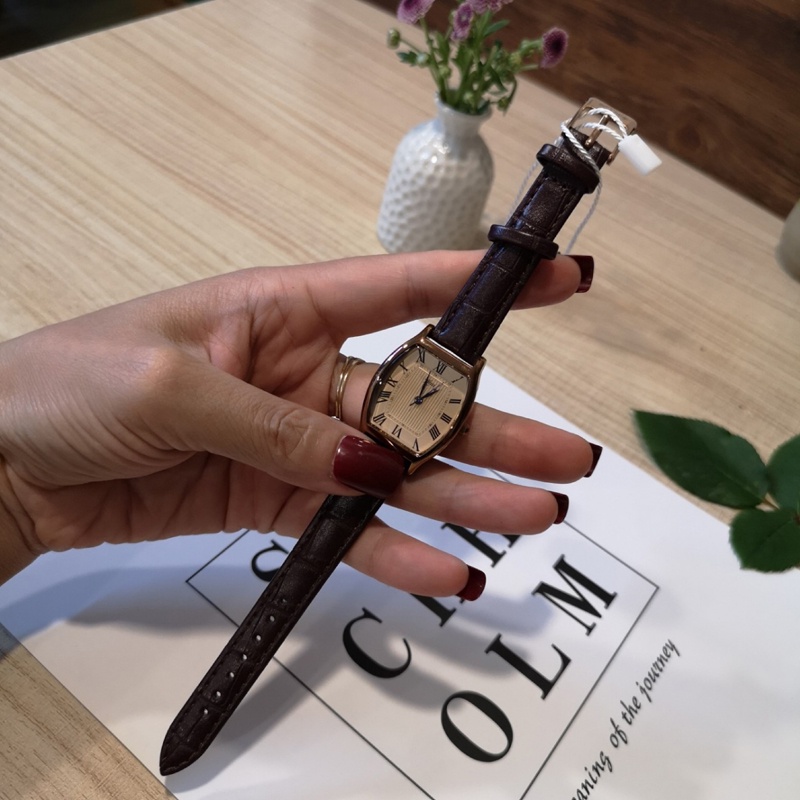 Jam Tangan Quartz Dial Kotak Kecil Casual Retro Untuk Wanita-54-2 Coklat Tua