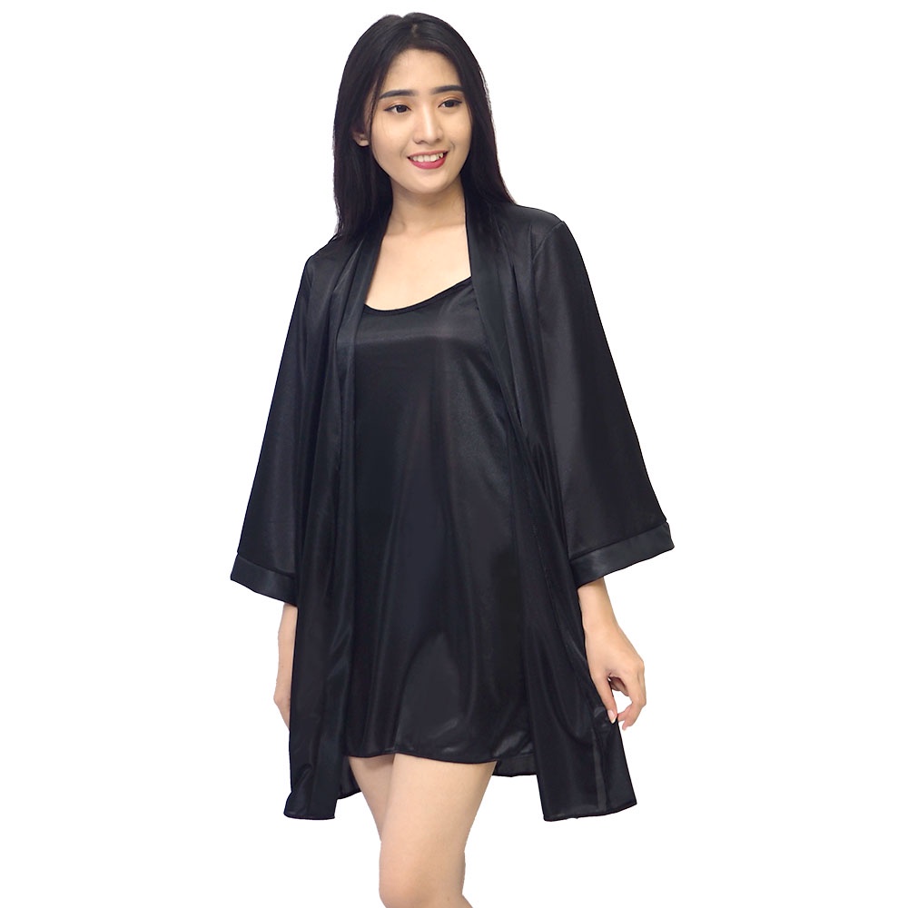 FOLVA kimono set baju tidur satin 1341BSET hitam all size