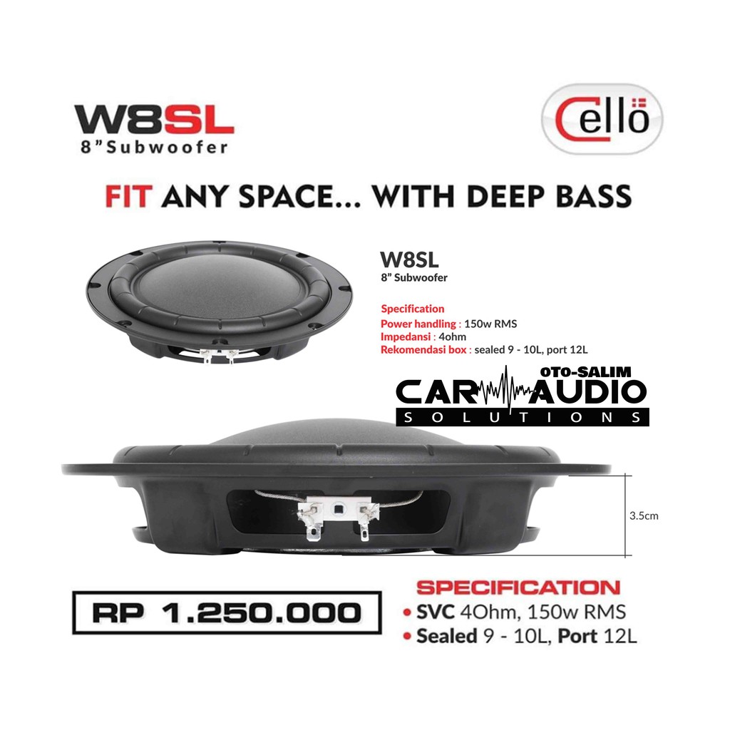 Cello W8SL Subwoofer Mobil Slim Ukuran 8 inch