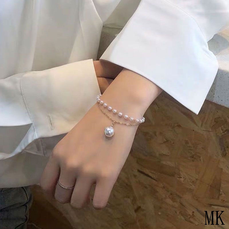 Fashion Korea Wanita Temperamen Manis Gelang Aksesoris Perhiasan Gelang Mutiara Ganda Sederhana MK-2