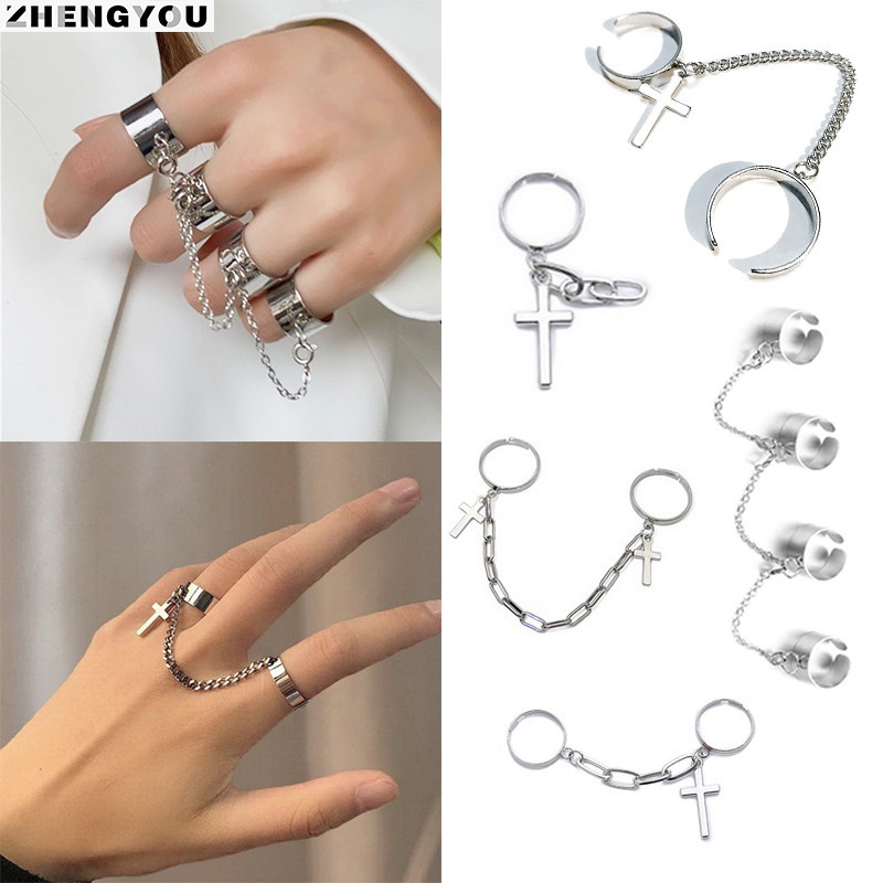 Set Cincin Rantai Silang Dapat Disesuaikan Gaya Vintage Hip Hop Punk Untuk Pria Dan Wanita