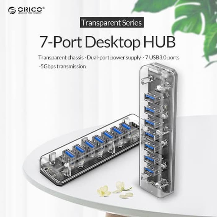 Usb hub 3.0 orico 7 port transparent 5Gbps with micro usb pd f7u-u3 - Terminal usb3.0 7 slot transparan