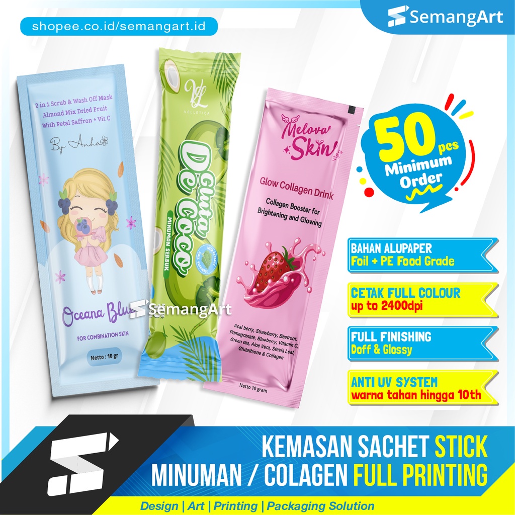 Kemasan Sachet Minuman Serbuk Collagen / Makanan Full Printing Desain Custom