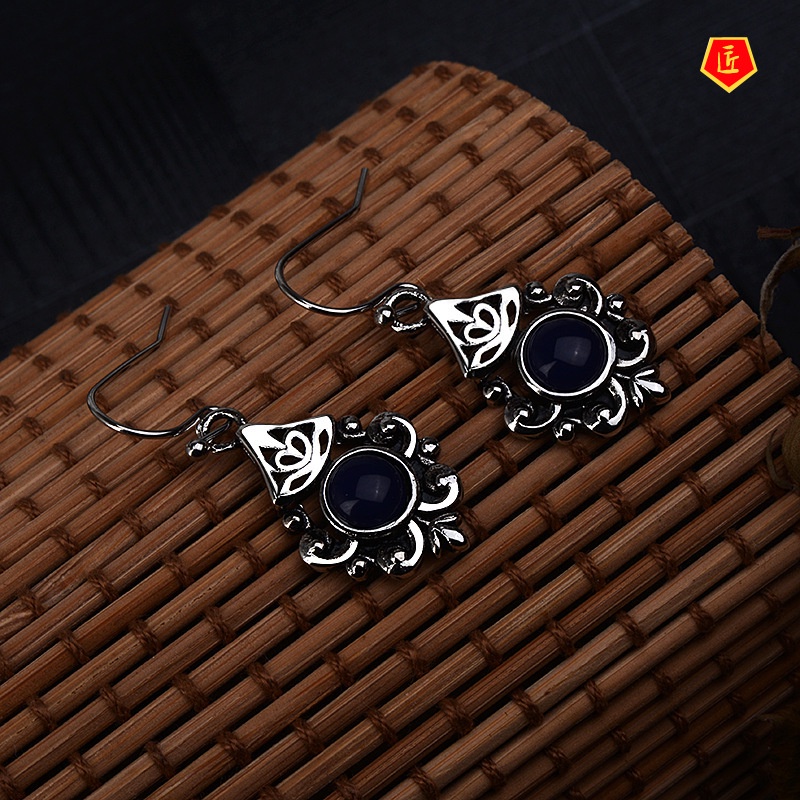 [Ready Stock]New Inlaid Sapphire Flower Earrings Retro S925 Silver