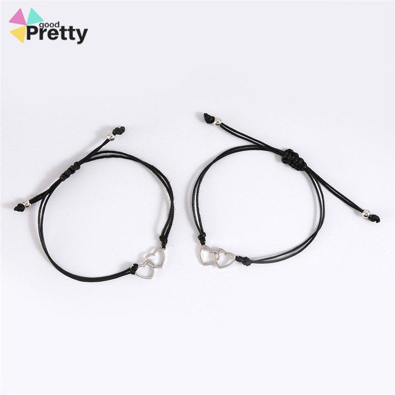 2 Pcs Fashion Ganda Bentuk Hati Gelang Adjustable Tenun Wanita Pria Gelang Pasangan Hadiah Perhiasan Aksesoris - PD