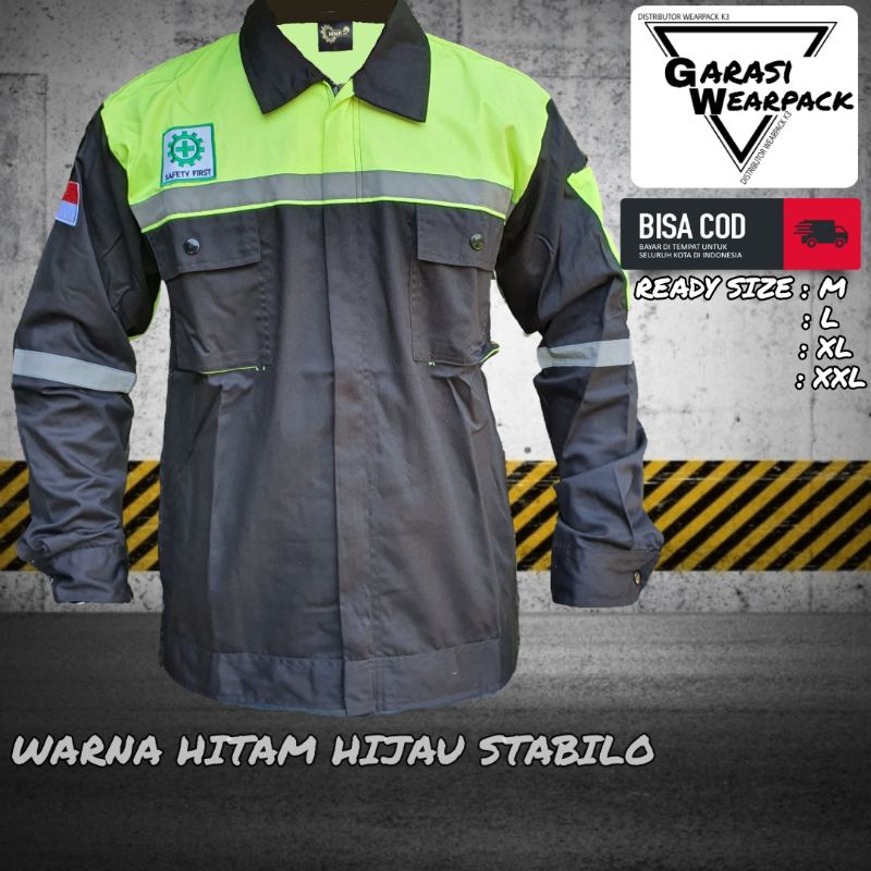 Wearpack safety atasan/ pakaian APD K3 Proyek/ lengan panjang/ hitam stabilo