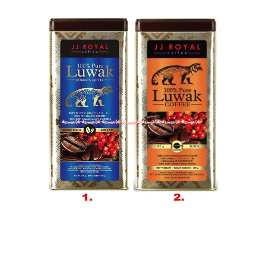 

JJ Royal 100% Pure Luwak 100gr Ground Coffee Kopi Bubuk Murni Kemasan Kaleng Biru Orange Jjroyal Loewak