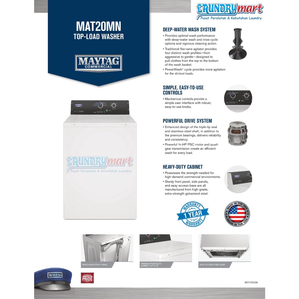 WASHER / MESIN CUCI / MESIN CUCI LAUNDRY MAYTAG TOP LOADING KAPASITAS 15 KG MAT20MN