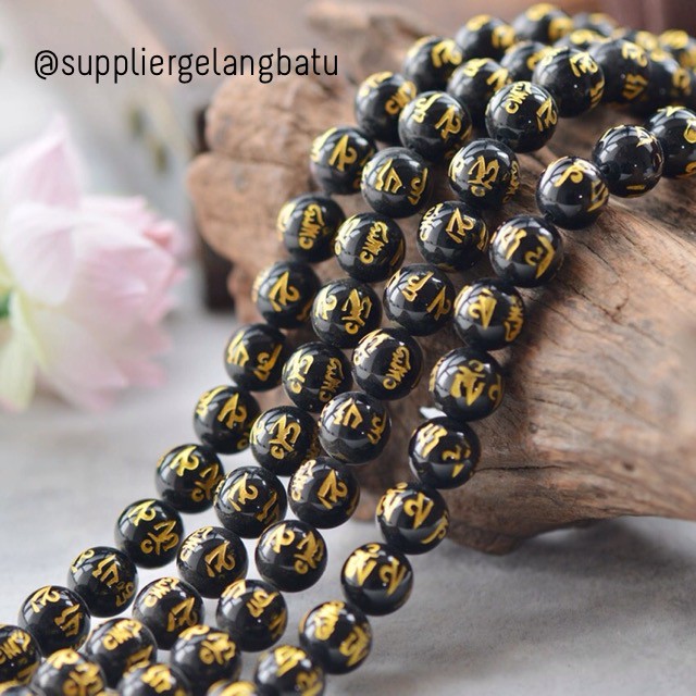 bahan batu 14mm om padme hum tabung tibet onyx glossy renceng termurah kalung impor cina korea akik