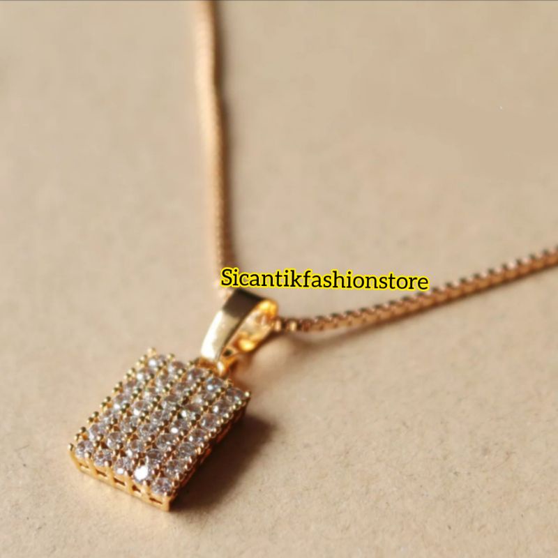 Kalung Titanium Wanita Liontin Kotak Full Permata Warna Gold dan Silver Terlaris Anti Karat selamanya Kalung Titanium Wanita Liontin Kotak Gold Fashion Wanita