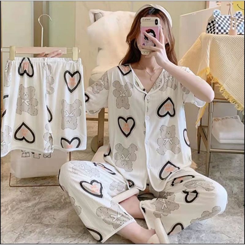 RULIF Baju tidur 3in1 rib import | piyama 3in1 wanita import | Piyama krah 3in1 import