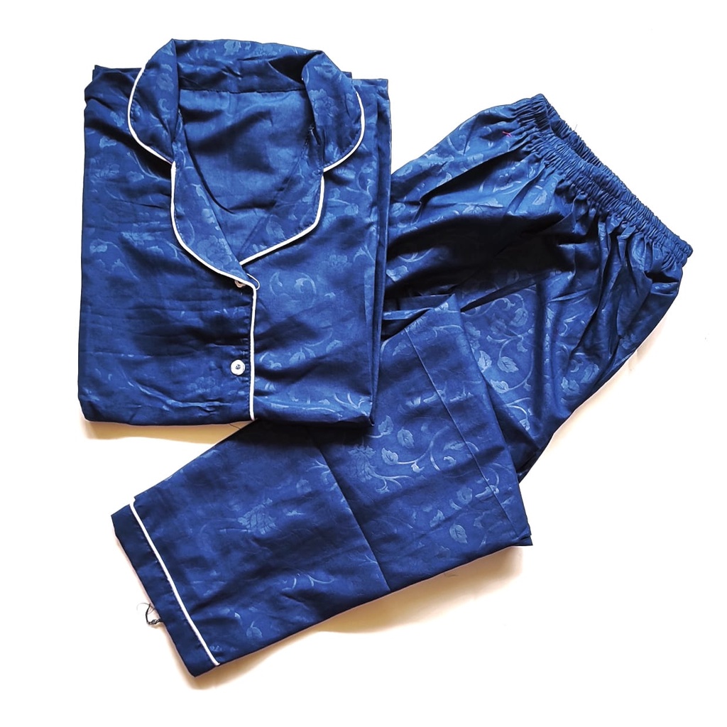 PIYAMA DEWASA JUMBO CP LD 120 cm big size lengan pendek celana panjang lucu-Embos Navy CPJ