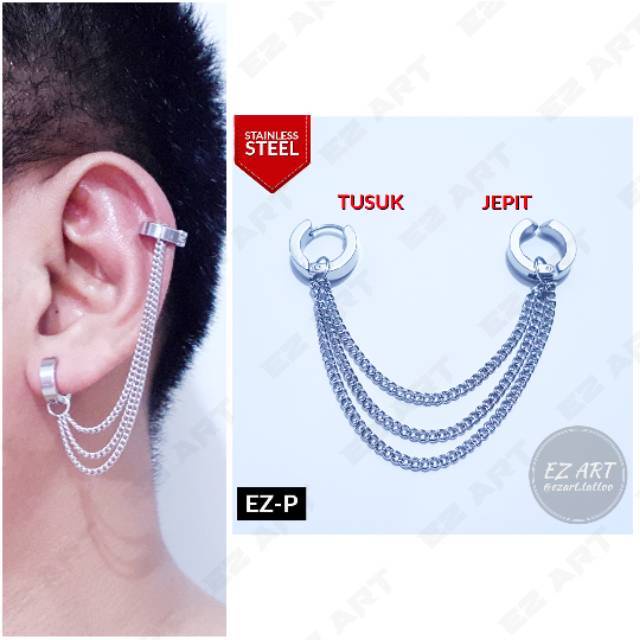 1Pc Model EZ-P Silver Anting Jepit Tusuk Variasi Bandul Gaya Punk Korea KPOP Stainless Steel