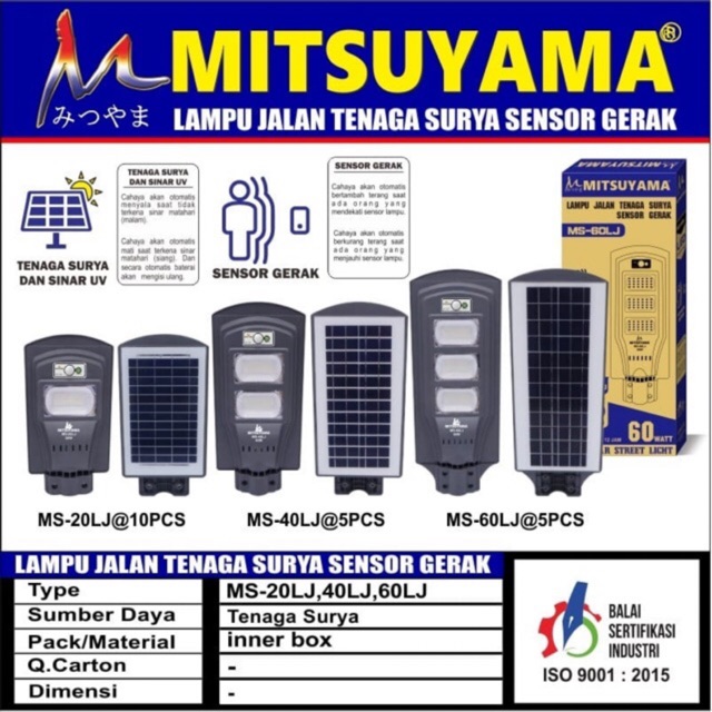 Lampu Jalan LED Solar Panel 20 40 60 Watt Tenaga Surya Sensor Gerak MS-20LJ 40LJ 60LJ Mitsuyama