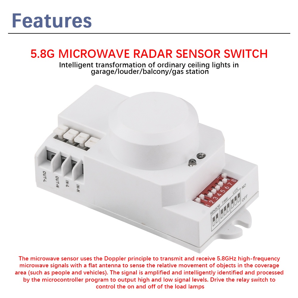 NEW Microwave Sensor Switch 5.8ghz HF AC85-250V LED 360° Radar Motion Body Sensing